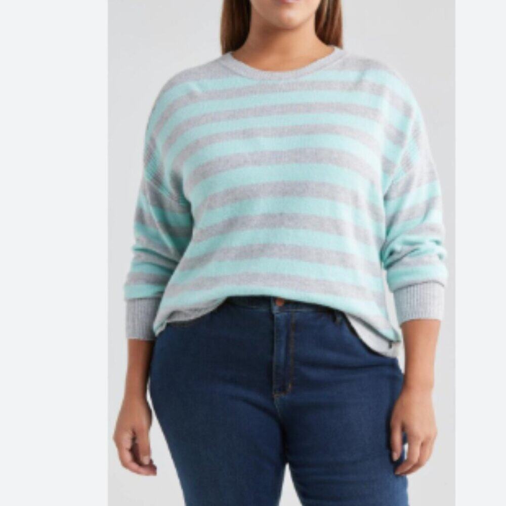 NWT Caslon Gray and Mint Striped Knit Sweater Size 1X